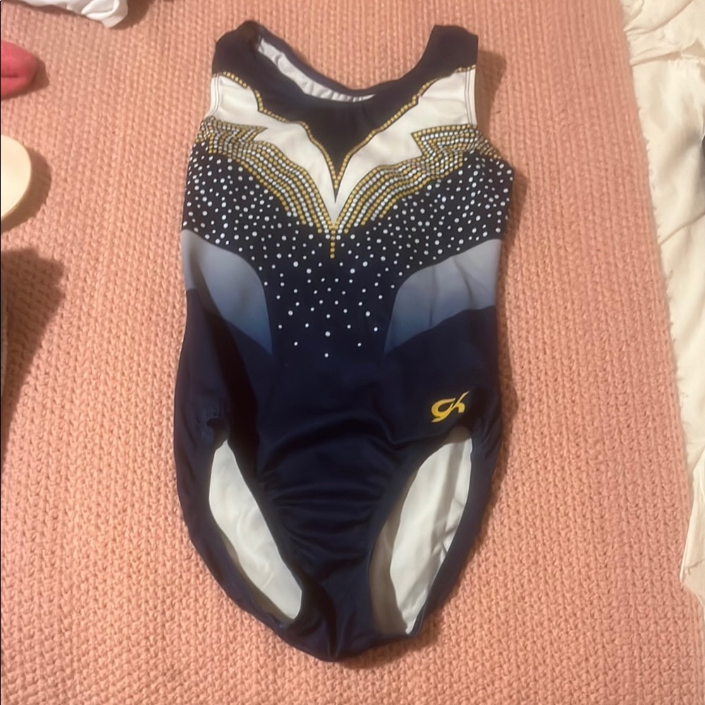 GK Midnight Blue and White Leotard with Gold Details